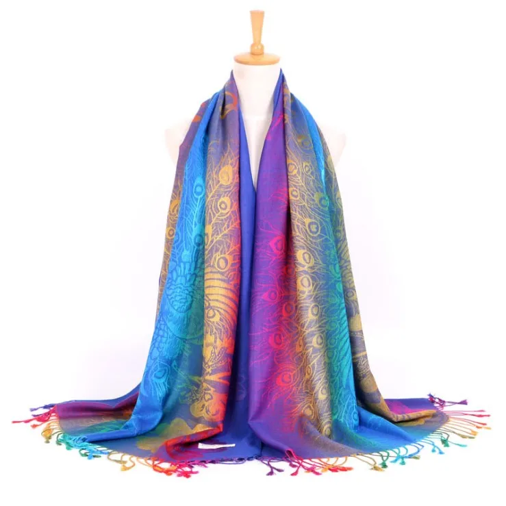 New Colorful Rainbow Scarf Pashmina Jacquard Peacock Shawl