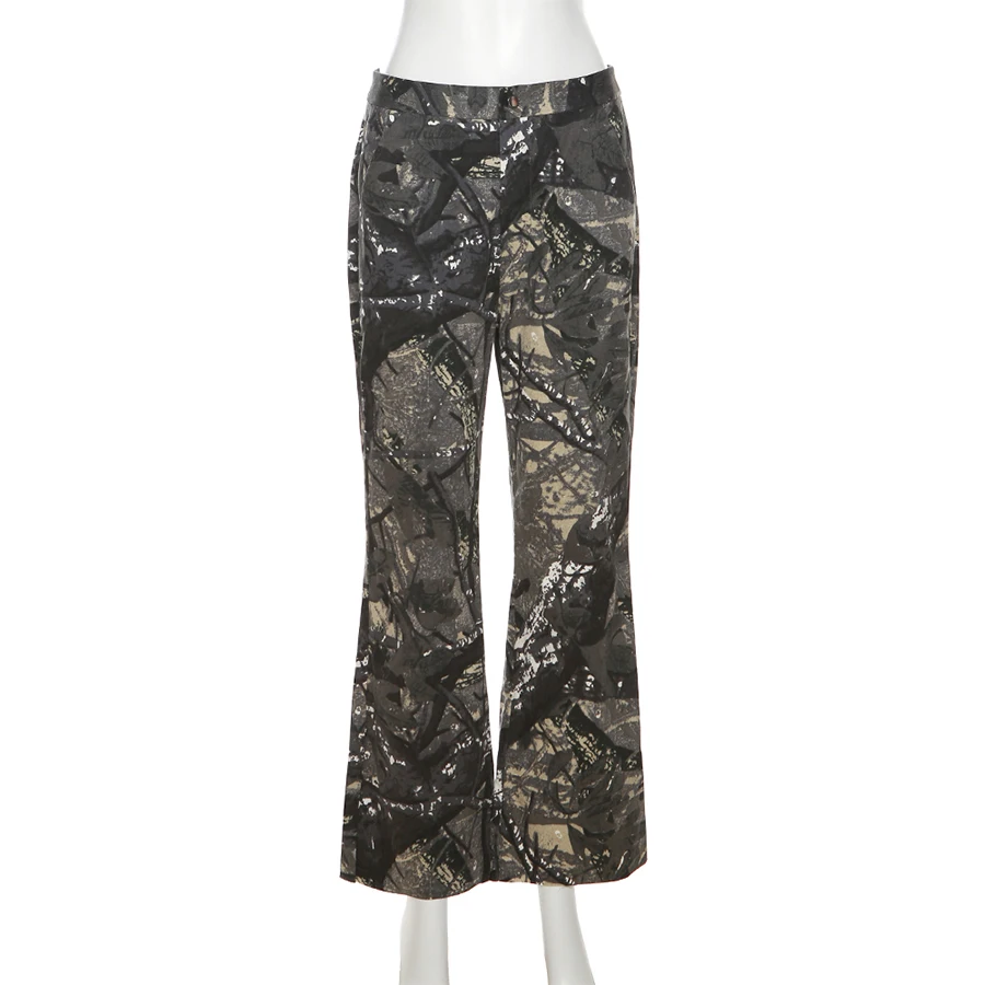 2024 New Arrivals Leaf Print Loose Trouser Button Pockets High Waist Cargo Pant Women Hot Pants