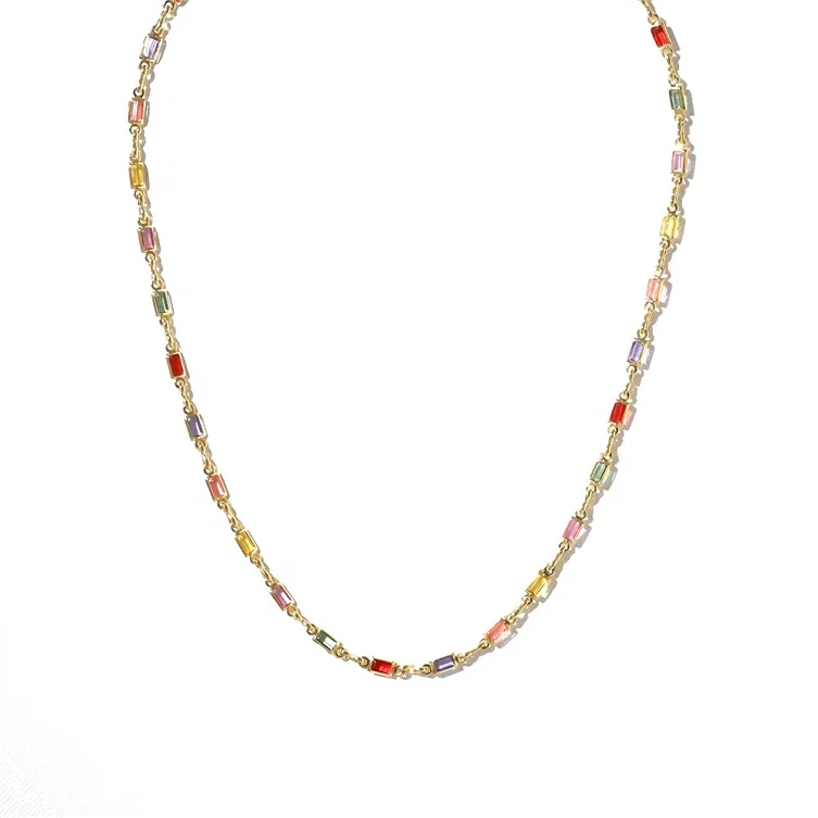 Wholesale 925 silver rainbow multi-colored baguette choker Chain gold necklace