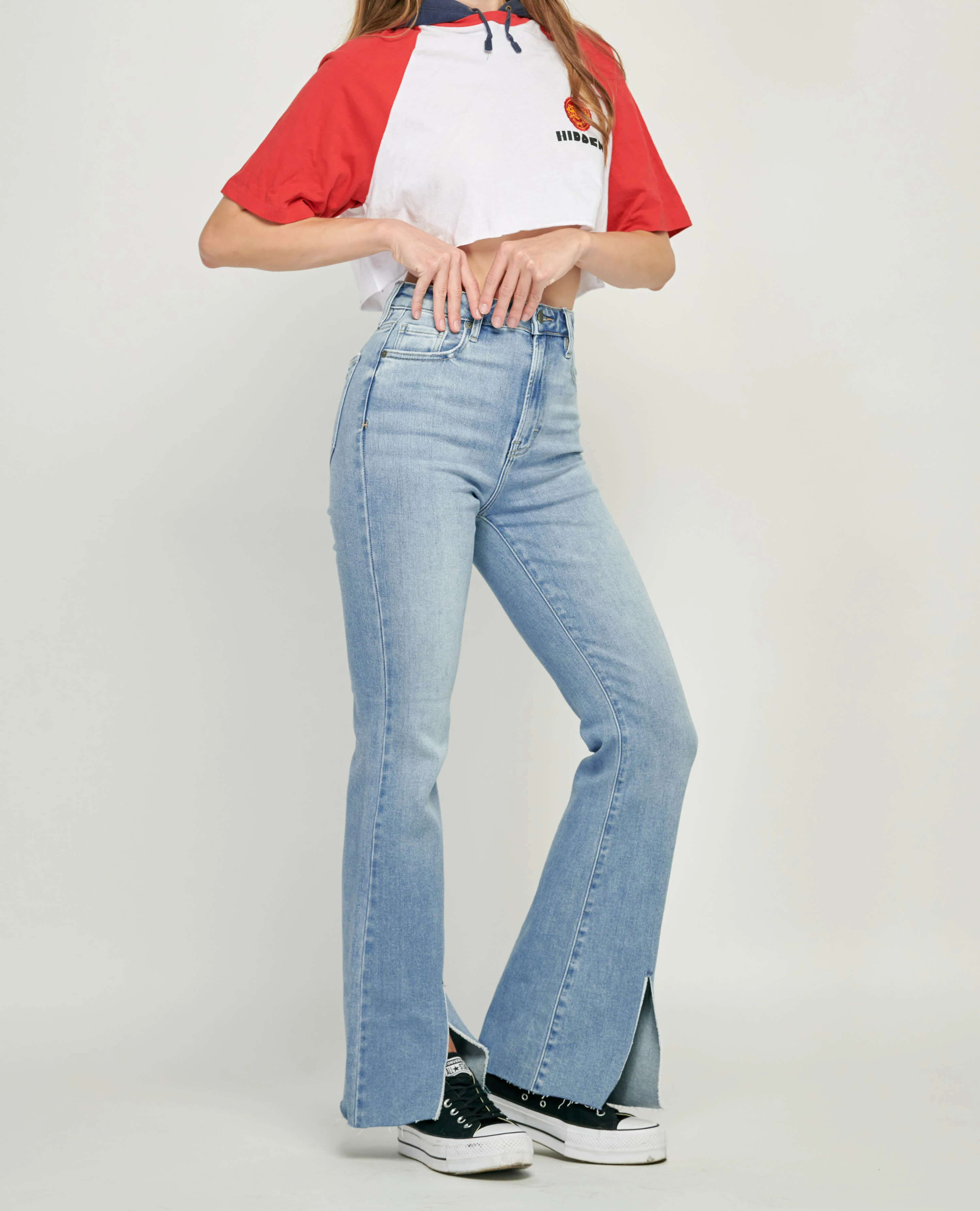 Denim Factory Wholesale High Waist Medium Wash Light Blue Women Front Slit Flare Ladies Jeans