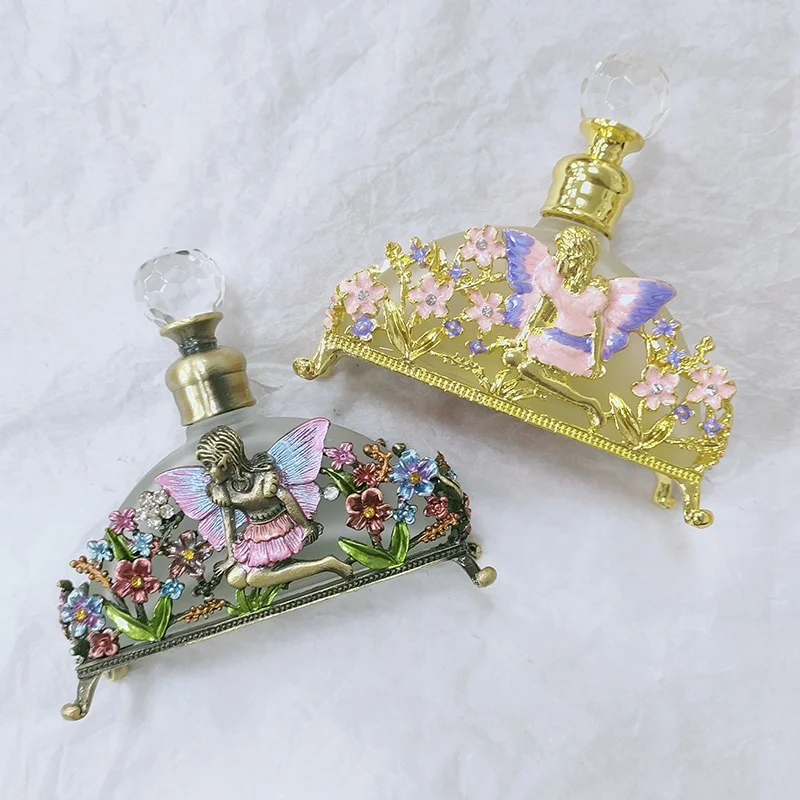 New 20ml Patented Half Round Angel Fairy Metal Perfume Bottle Stones Essential Oil Refillable Attar Bottles Factory Outlet