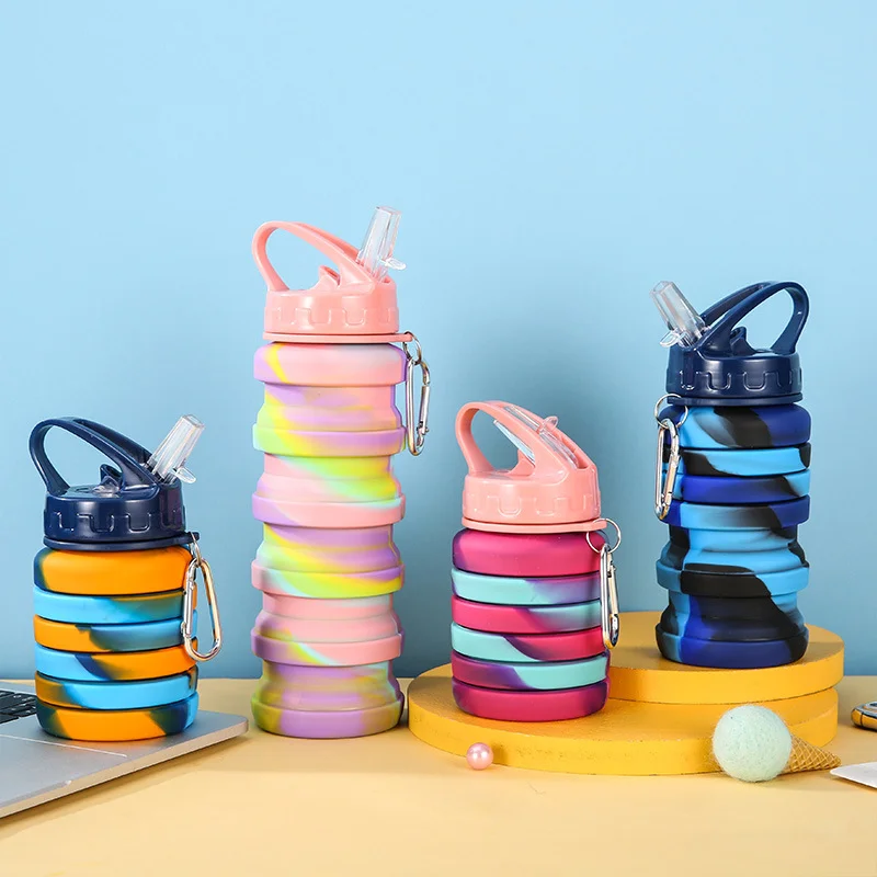 Bpa free Children Leakproof Sport Travel Water Drinking Bottle Leakproof Silicone Kids Collapsible Water Bottle with Straw