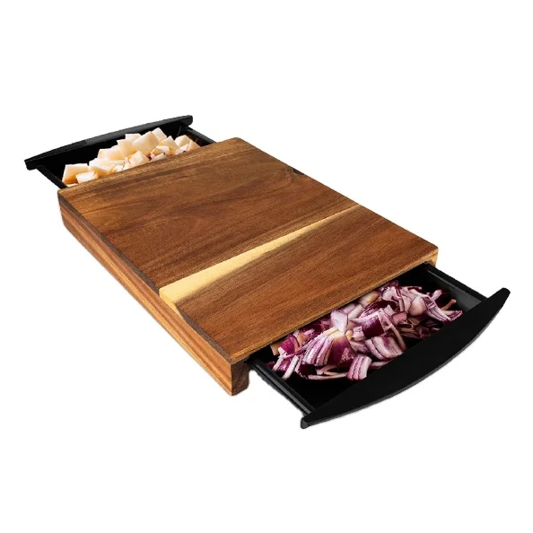 Wholesale Acacia Wood Cutting Board with Sliding Pull Out Trays Containers,Wooden Chopping Board for Kitchen with Meal Prep Tray
