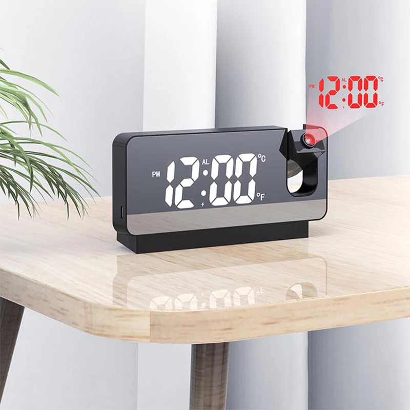 Time projection mirror LED digital table alarm clock silent working time temperature projector bedroom mirror desk clock