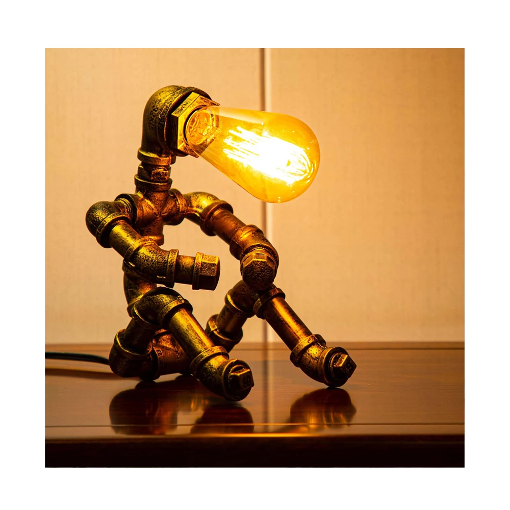 Steampunk Table Lamp Vintage Industrial Metal Robot Table lamp Water Pipe Table Light Robot Style Desktop Replica Design Lamp