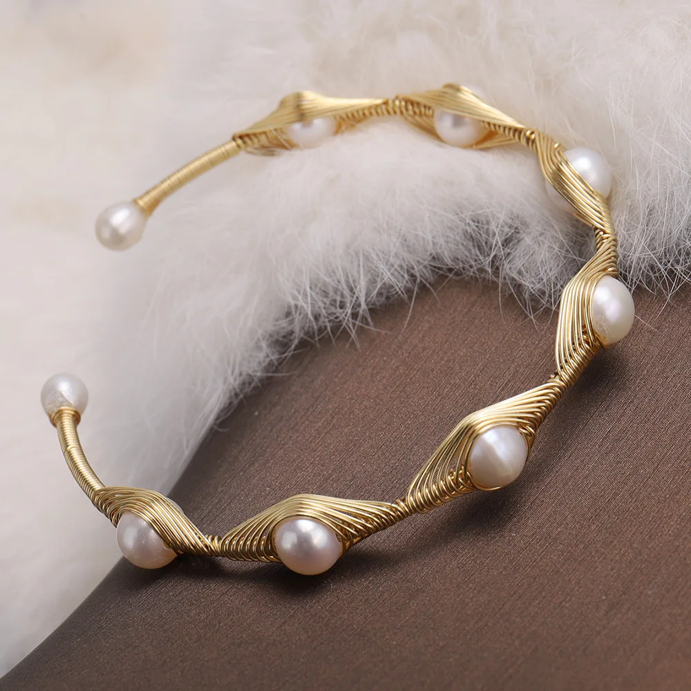 LS-E960 natural wire wrapped white pearl Bracelet with gold handmade beads Bangle woman fashion wedding Bracelet Jewelry Gift