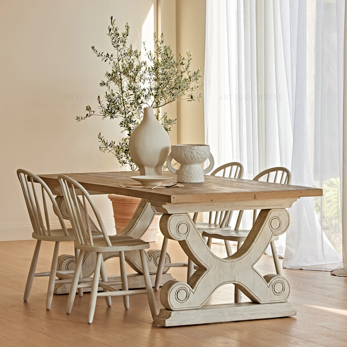 French Japandi antique house geometric natural recycled pine birch nordic dinner wooden table dining table set 6 seater