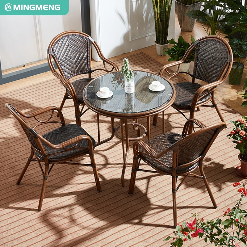 Modern French Dining Rattan Furniture Outdoor Garden Cafe Table and Chair Set for Park Hotel