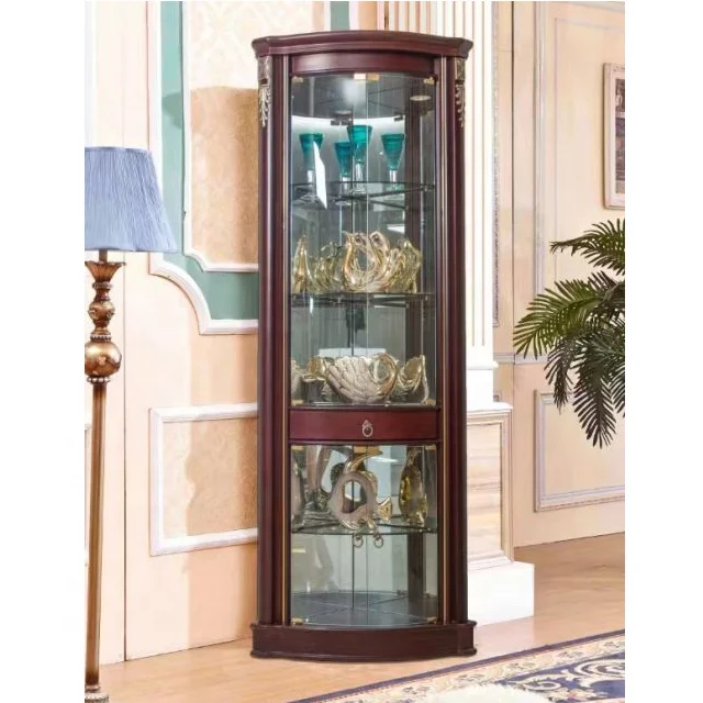 Classic Tall Glass Display Wine Cabinet Red Wooden Storage Furniture for Living Room and Kitchen Metal Material for Dining