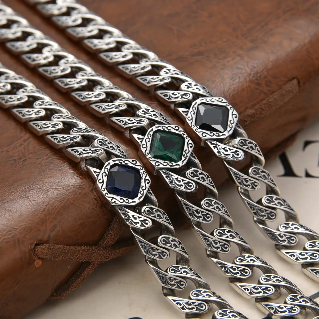 S925 Sterling silver niche design to do old personality Haba with blue green black gem Tank Guba bracelet for men and women