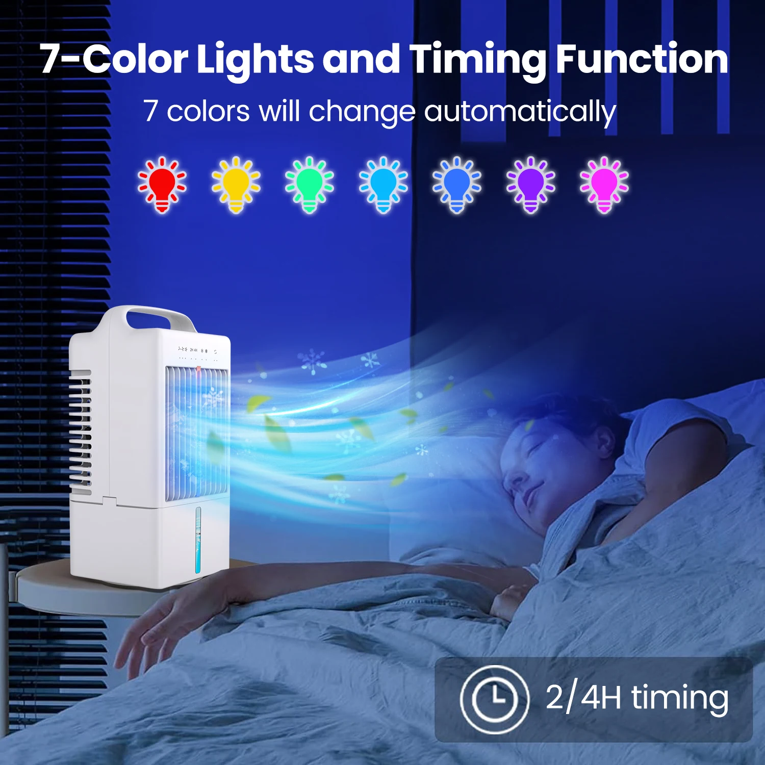 Cross-border Mini Portable Desktop Bedroom Ari Cooler Office Home Air Conditioner Fan with 7 Color Light,2/4H Timer, Rotation