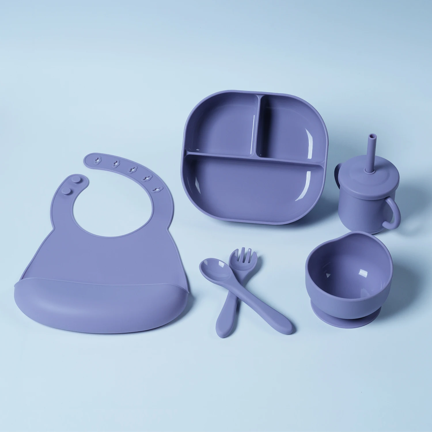 OEM&ODM wholesale custom baby products babytableware Six-piece Baby Silicone feeding sets bib