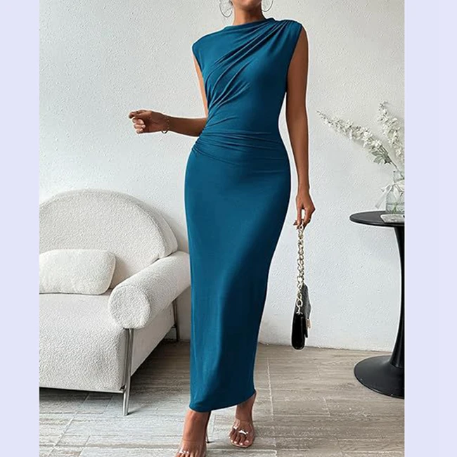 Channel 2024 Summer Women Casual Empire Waist Breathable Split Back Solid Ruched Sleeveless Bodycon Maxi Dress