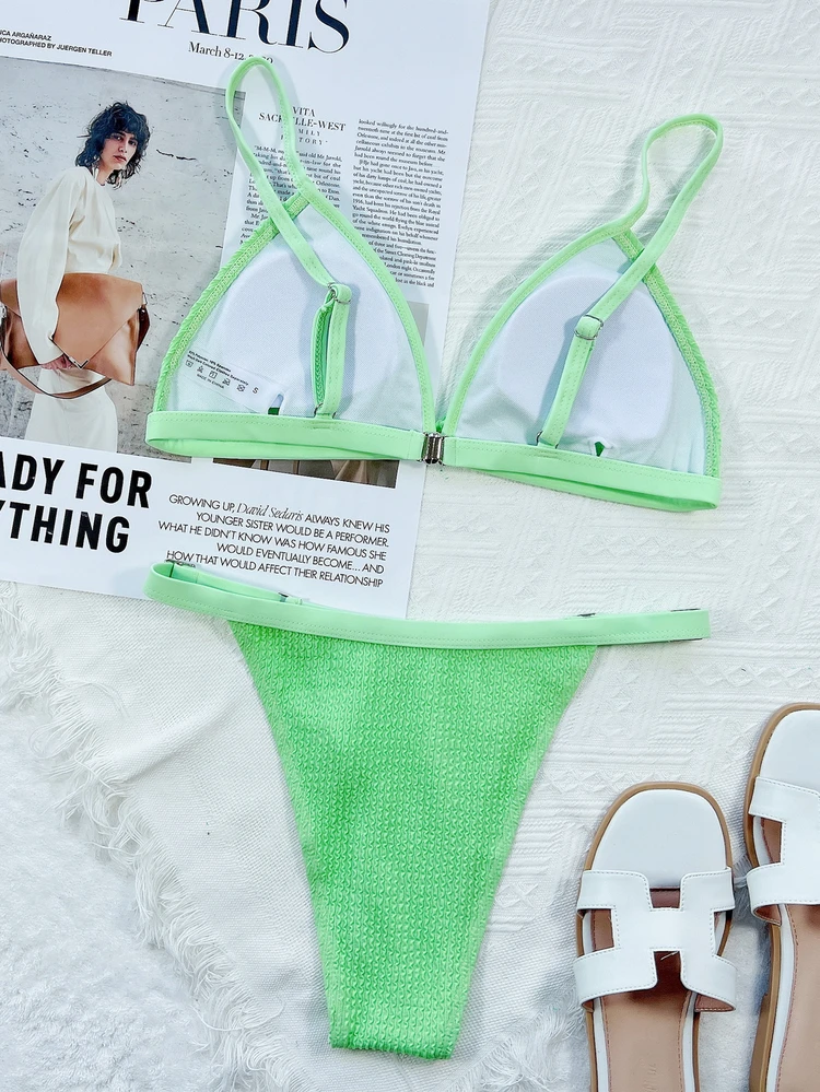 Hot Sale 2023 Summer Swimwear Beach Wear Woman Green Ruffled Ribbed Strip Young Girl Mini Cute Cheap Triangle Bikini Set