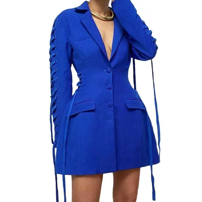 High Quality Female Plain Blue Single-Breasted Lace Up Elegant blazer dress Fashion blazers ladies women