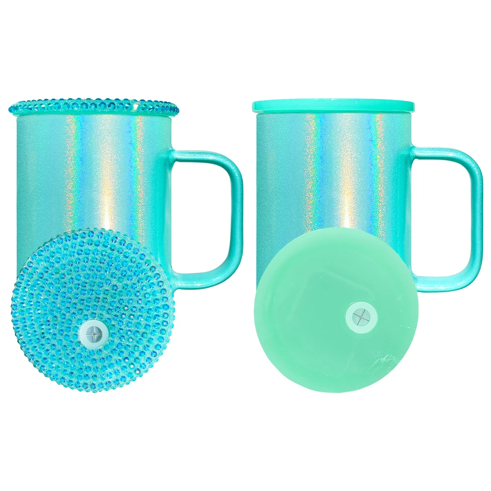 USA warehouse 17oz holographic shimmer glass mug with studded lid High Borosilicate sublimation glass mug with pp lid