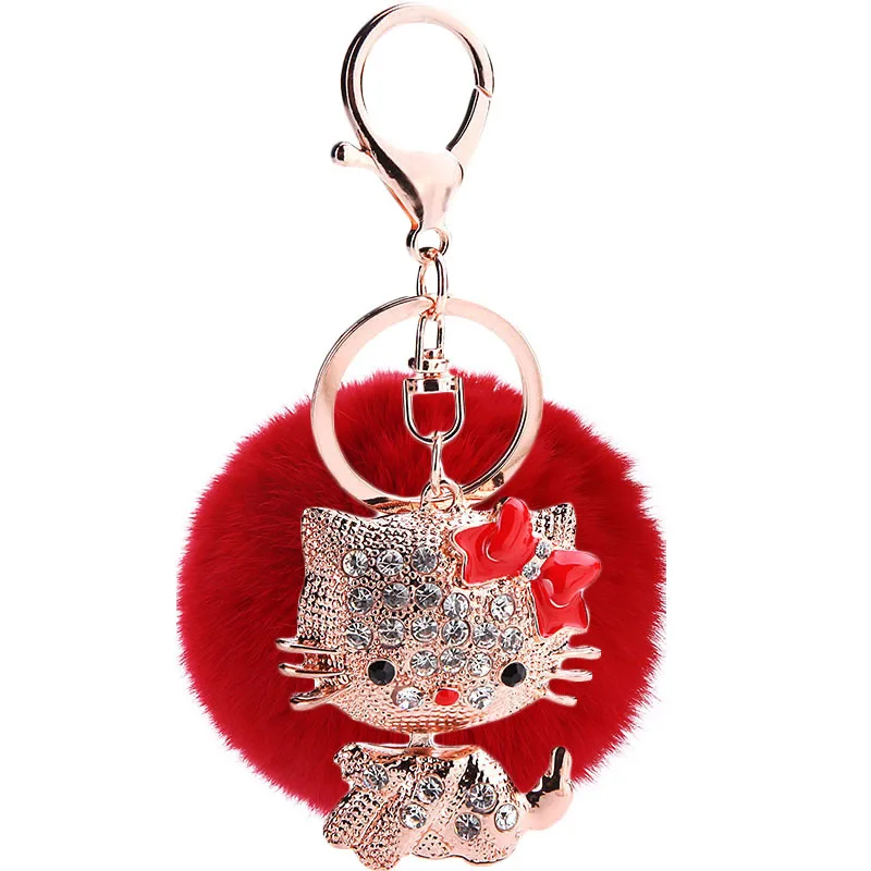 Custom Pompoms Car Key Chains Crystal Metal Hello Kitty Keychain 3D Cartoon Design Metal Key Chain Accessories