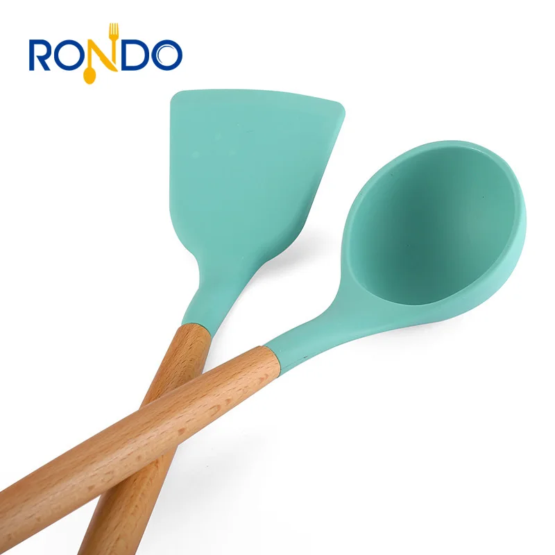 Wholesale 12 Pieces In 1 Set Silicone Kitchen Cooking Tools Stand Kitchenware BBQ Eco Silicone Wooden Kitchen Utensils