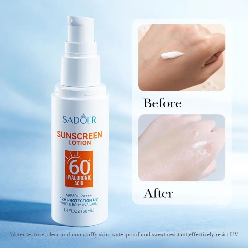 Wholesale SADOER 12 Hours Protection UV Hyaluronic Acid Anti Oxidation Anti-Aging Spf60+ Sunscreen Lotion