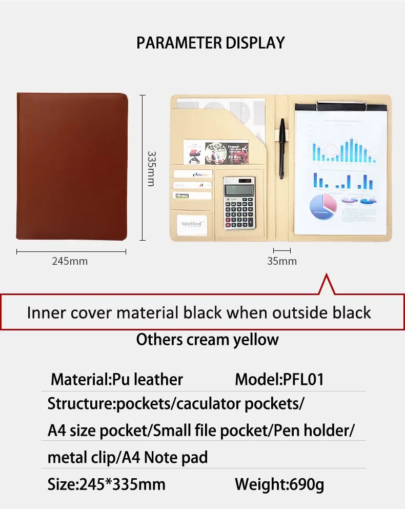High quality Personalized design A4 size Pu leather business portfolio binder folder