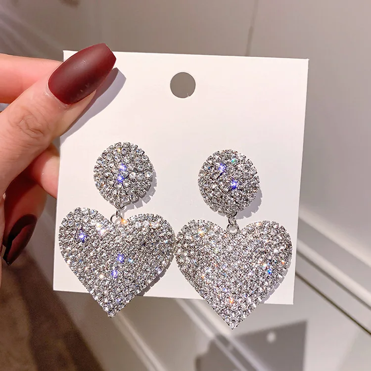 BAYES Fashion Bling Bling rhinestone luxury heart earrings women statement crystal earring  fancy earrings for party girls