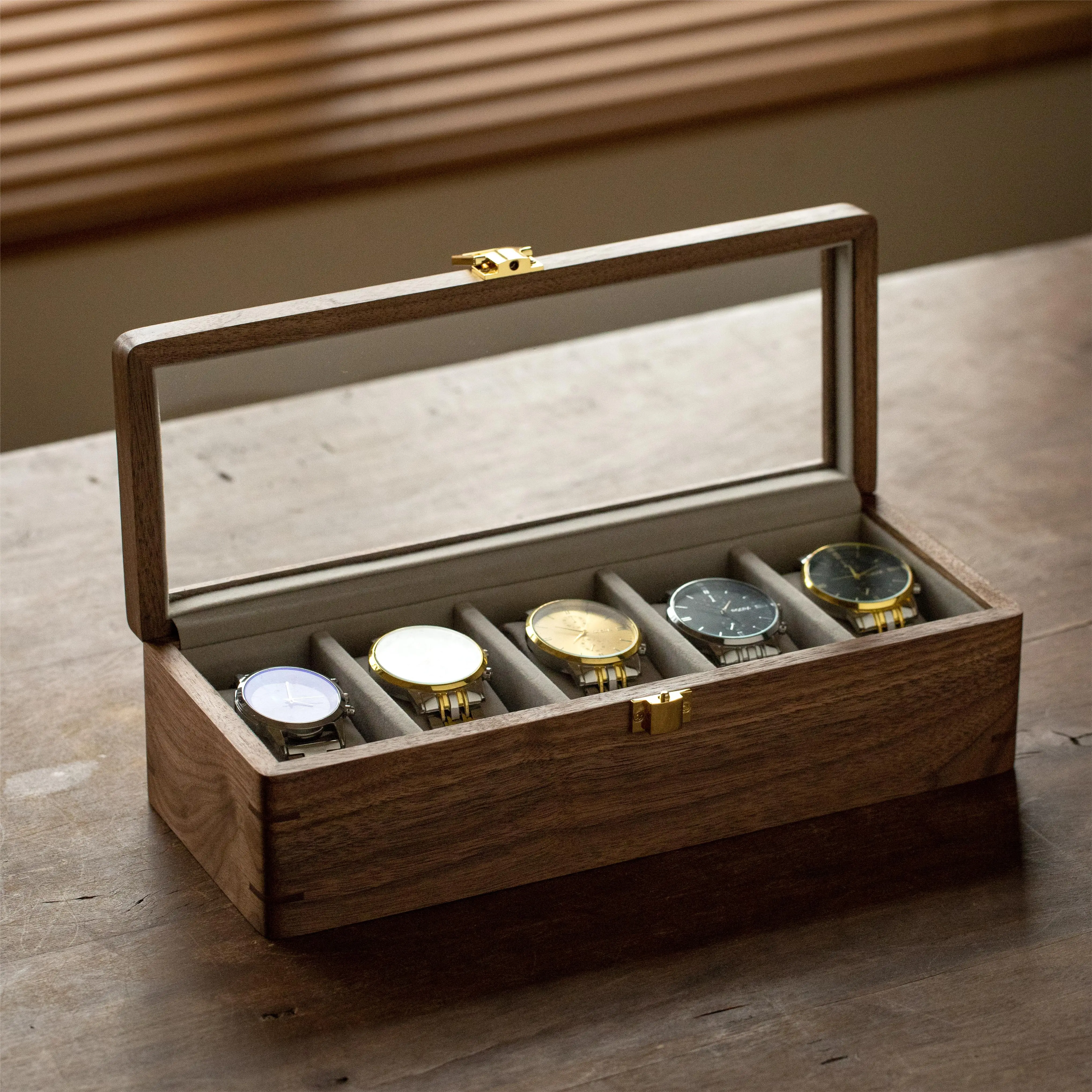 Wholesale Solid Walnut Elegant 5-Slot Watch Box Premium Jewelry Organizer for Watch Storage