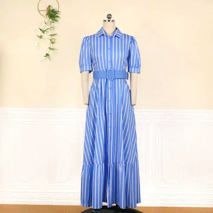 YQY6401 New Arrivals Women Summer Dress Puff Sleeve Button Up Stripe Shirt Dress Elegant Ladies Office Dress With Belt