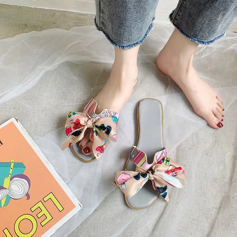 Designer Trendy Bowknot print upper Sandals rubber sole Southeast Asian style outdoor Women Slippers ladies flats shoes
