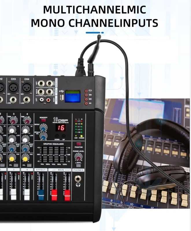 Professional build-in power amplifier 4 way audio mixer with dual wireless microphones 4 channel power powered audio mixer