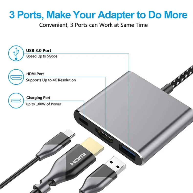 Source manufacturers can customize multifunctional gray aluminum shell Type-c to HDMI USB3.0 PD powered nylon rope hub