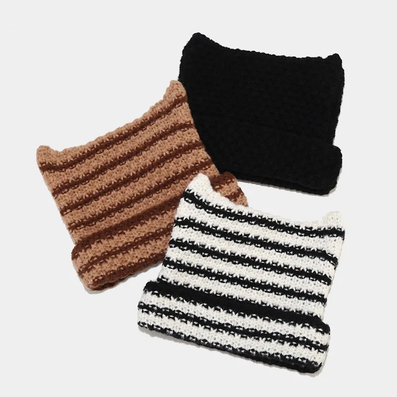 Women knitted beanies striped warm winter hats crochet beanie with ears