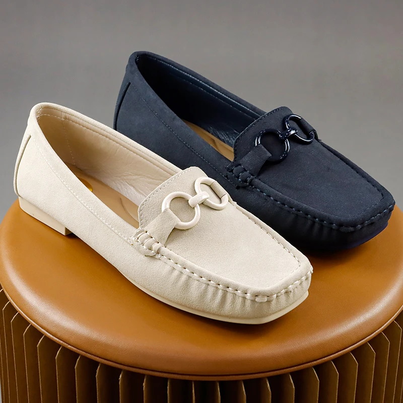 Womens Suede Square Toe Close Shoes New Arrival Ladies Solid Metal Buckle Nude Shoes Ballet Flats Comfort Casual Slip-on Loafer