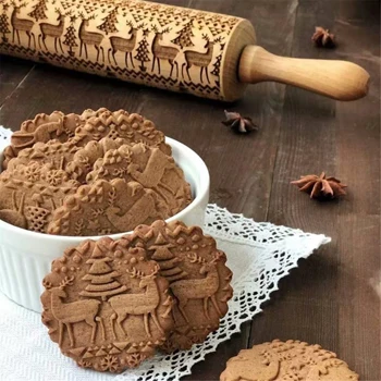 Wooden Laser Engraved Rolling Pin Christmas theme Reindeer Snowflake patterns Embossed Rolling Pins
