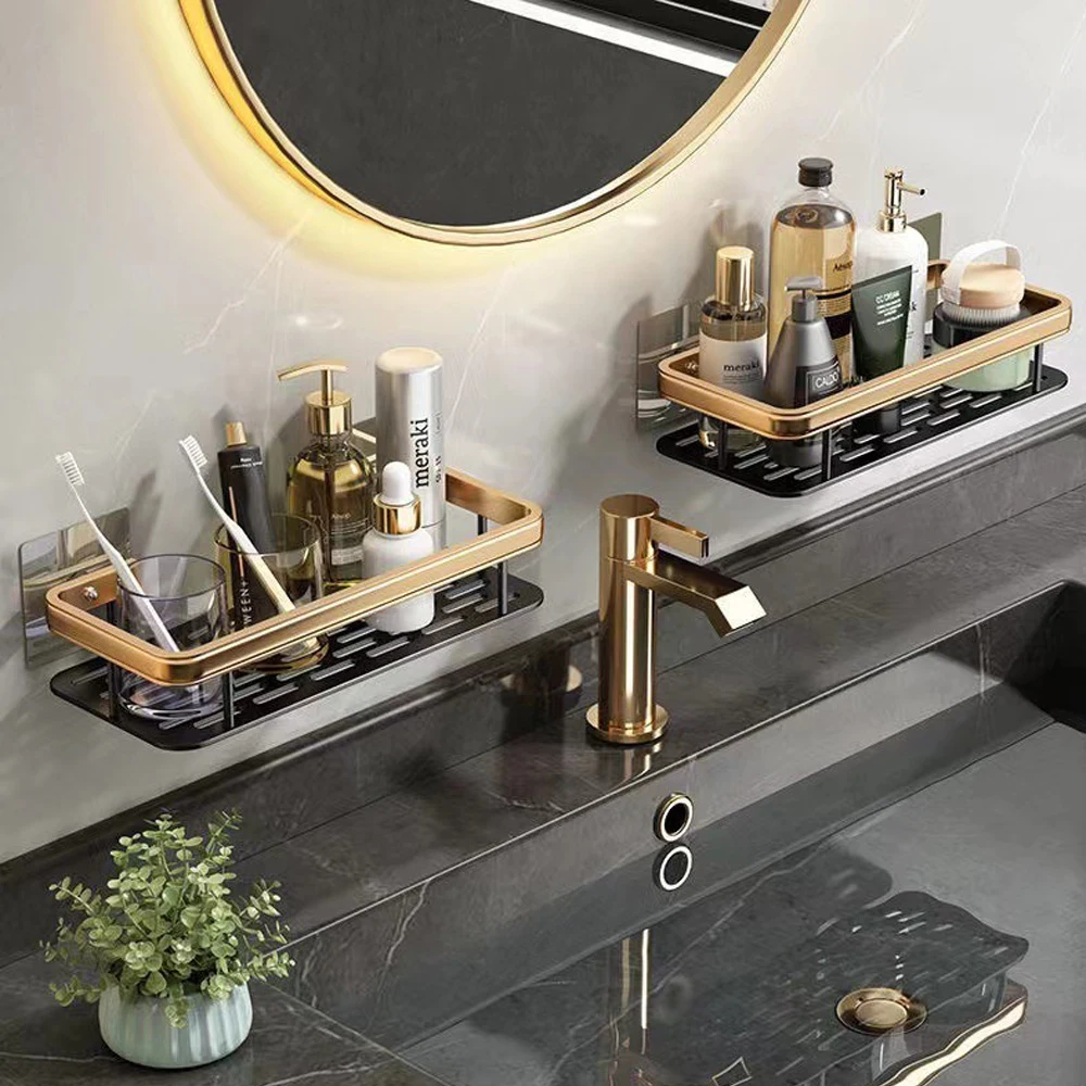 Hot Sale Bathroom Wall Mounted racks Adhesive Storage Holder aluminum Double Tiers Bathroom Shelf Shower Caddy Storage Shelf