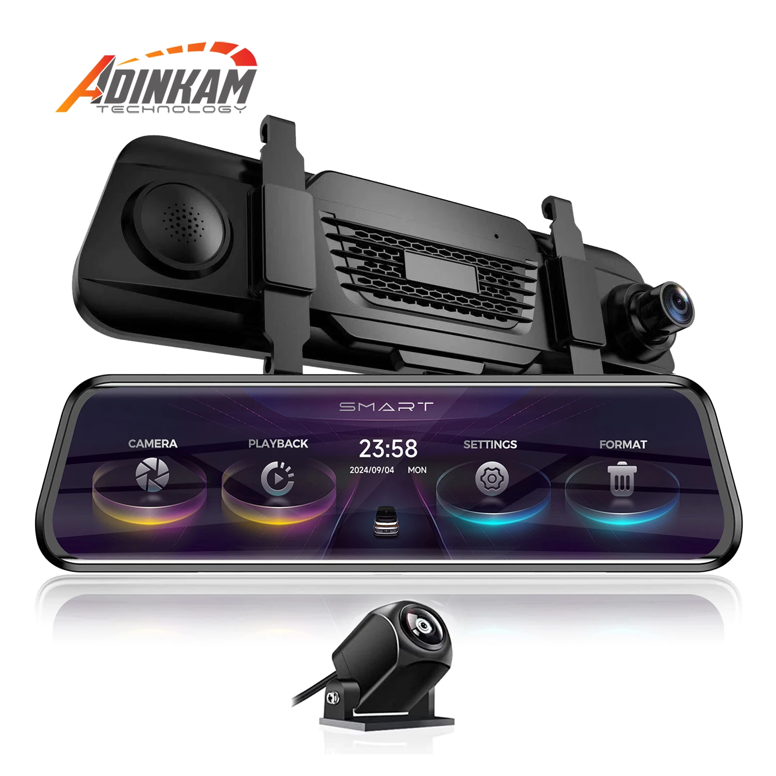 ADINKAM Car OEM CarPlay Display Rearview Mirror Screen Dashcam DVR Recorder Mirror Stream Media Front Rear Camera Device