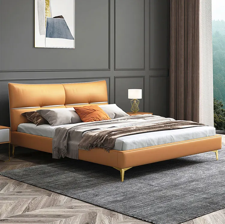 King size modern latest double bed designer furniture set GENUINE LEATHER luxury bed