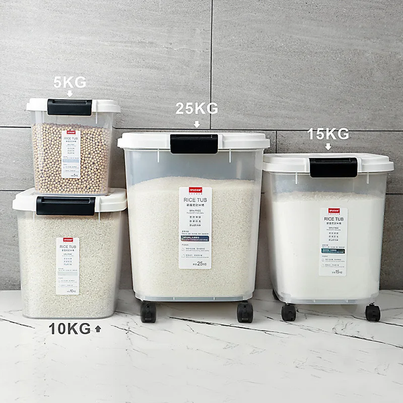 25kg moisture-proof transparent plastic sealed rice flat barrel with lid Kitchen Grain Storage With Four Wheels