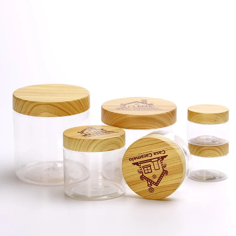 Food Grade Plastic Cosmetic Cream Wax Scrub Container PET Bamboo Jar 8oz with Wood Lid Water Transfer Bamboo Lid
