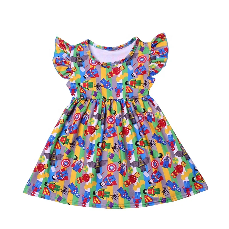 toddler girl designer inspired clothes cute cartoon character print flutter sleeve party frocks smocked princess dress
