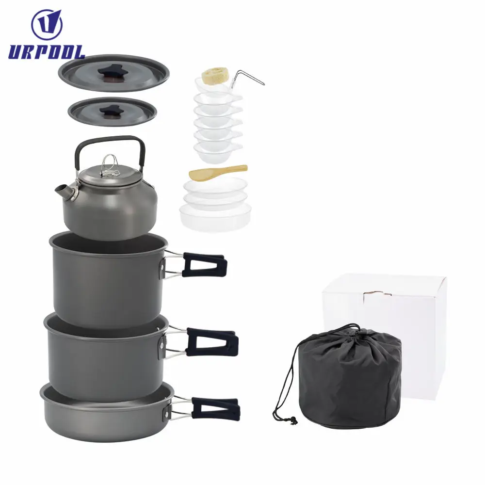 Lightweight Foldable Outdoor Tableware Family Travel Picnic Cooker Hiking Equipment Set Camping Cookware with Kettle for Outdoor