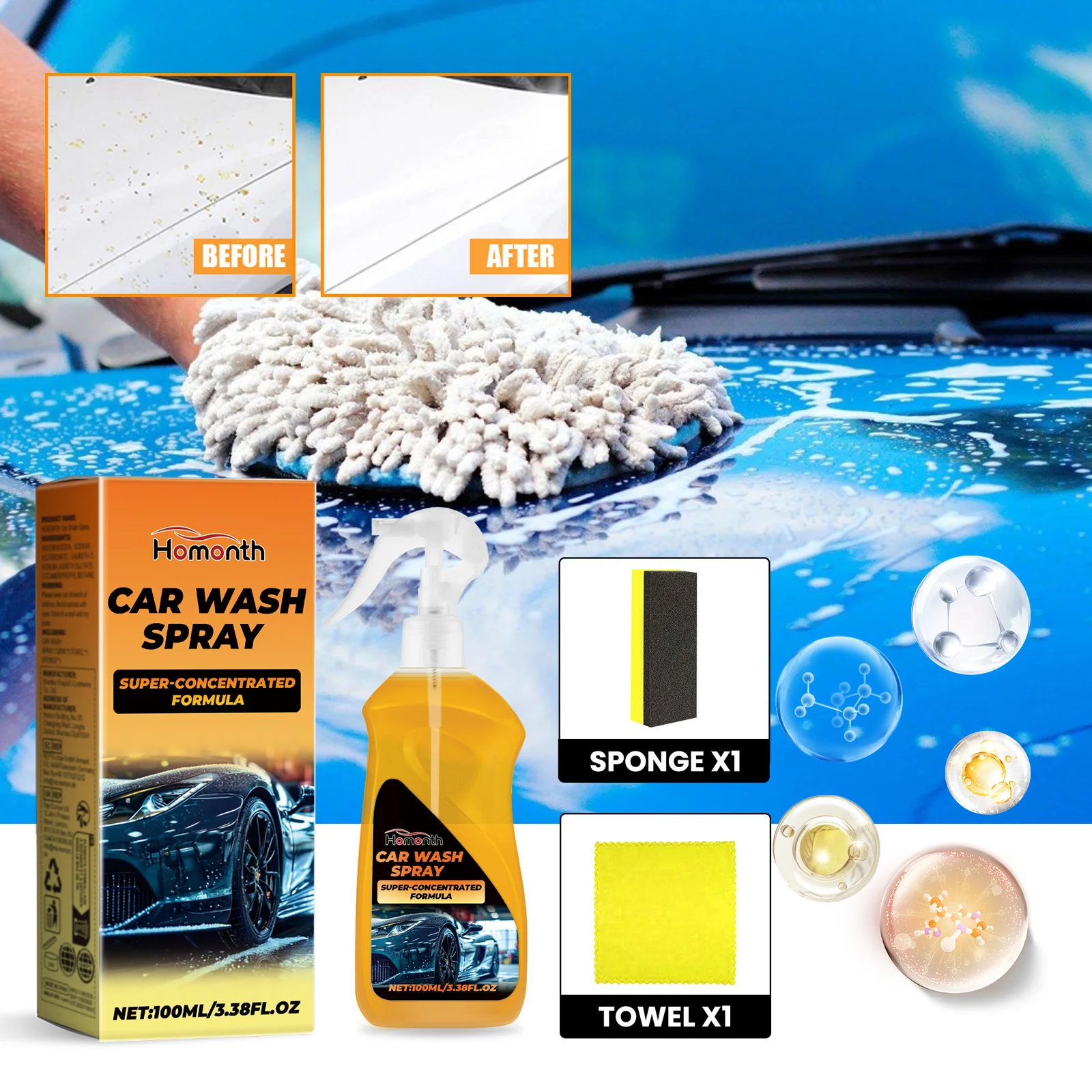 Homonth Car Wash Spray Nozzle Polishing Car Wash Spray Organic Waterless Car Wash Spray
