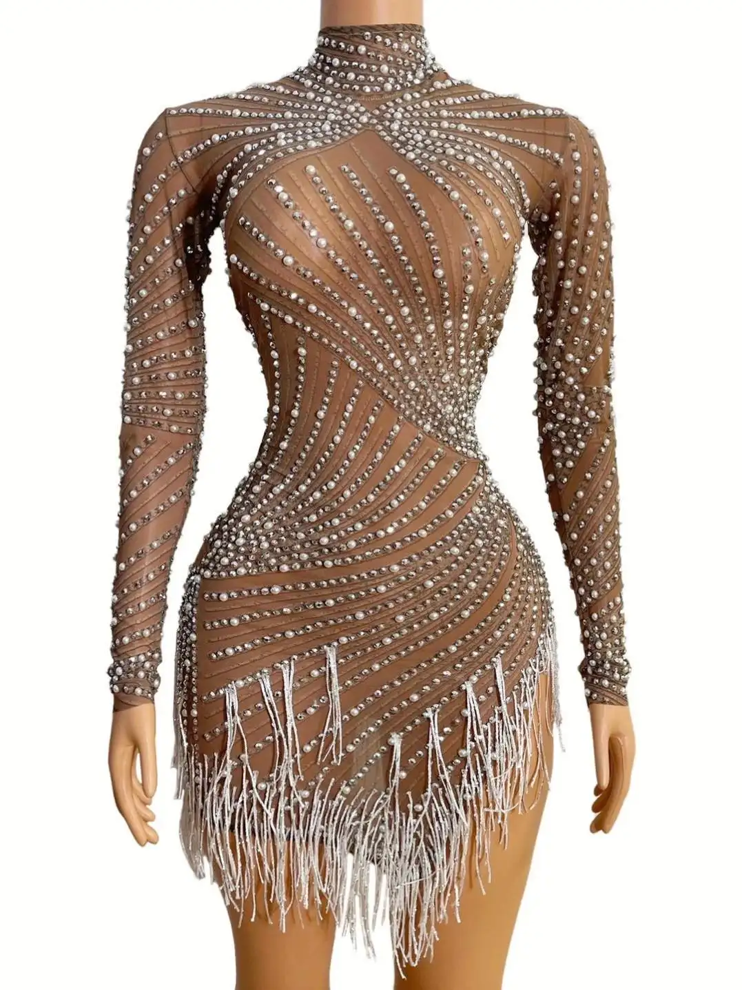 KI349 New Pattern Bodycon Shiny Women Elegant Dress Exotic Dancewear Fringed Mini Pearl Design