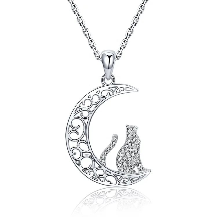 925 sterling silver crescent moon with cat necklace for women