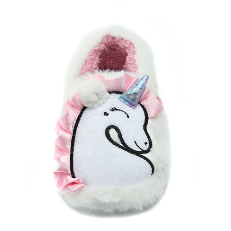 Stylish Winter Unicorn Shoes Slippers White Fur Applique Embroidery Household Novelty Slippers for Kids Girls