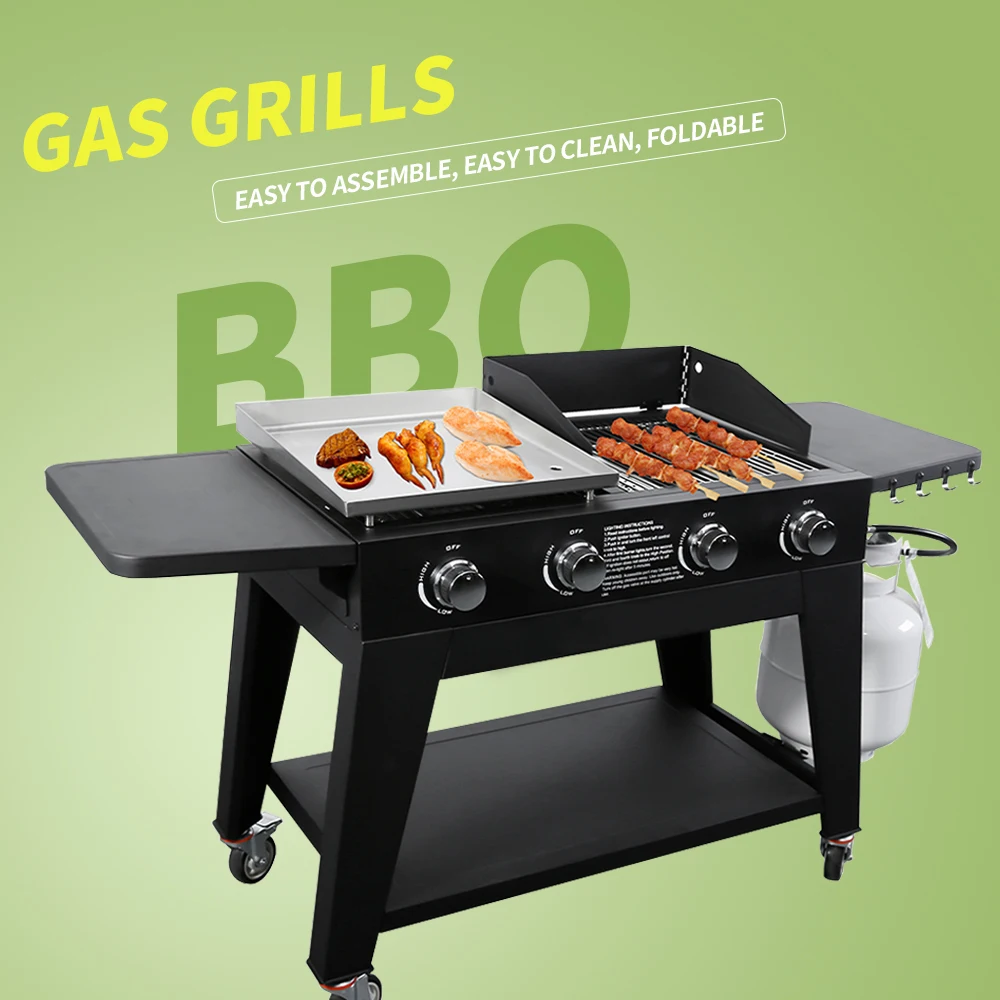 Outdoor Griddle 4-Burner Flat Top Gas Grill Smokeless Grill Backyard Cooking Grill With Side Table