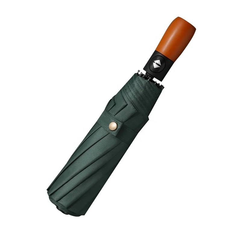 23 Inch Luxury 3 Fold Umbrella Super Strong 10 Ribs Windproof Automatic 3 Fold Umbrella with Wooden Handle