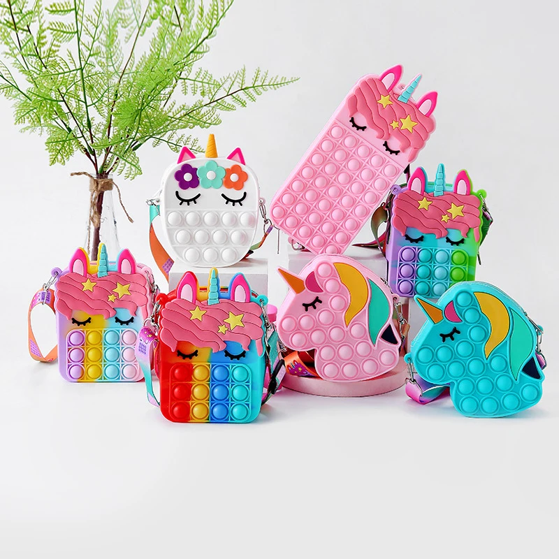 Wholesale Stress Relief Children Toys Cute Wallet Shoulder Bag Silicone Push Bubble Rainbow Fidget Coin Unicorn Pop Purse