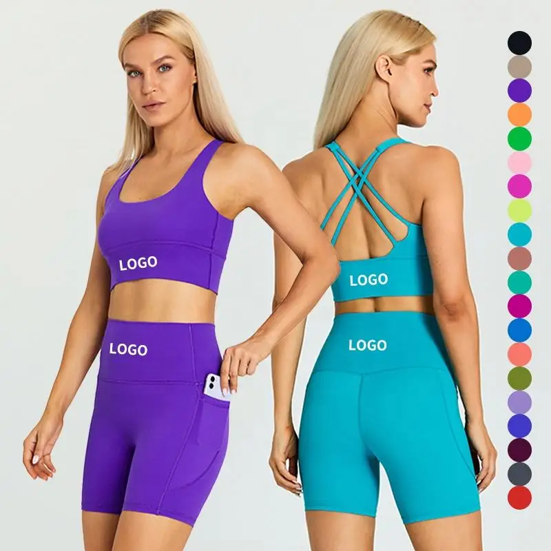 5697 Womens Yoga Athleisure Wear lulu color Shorts Set cross back Breathable cross back Gym Sports Bra Biker Shorts Set with poc