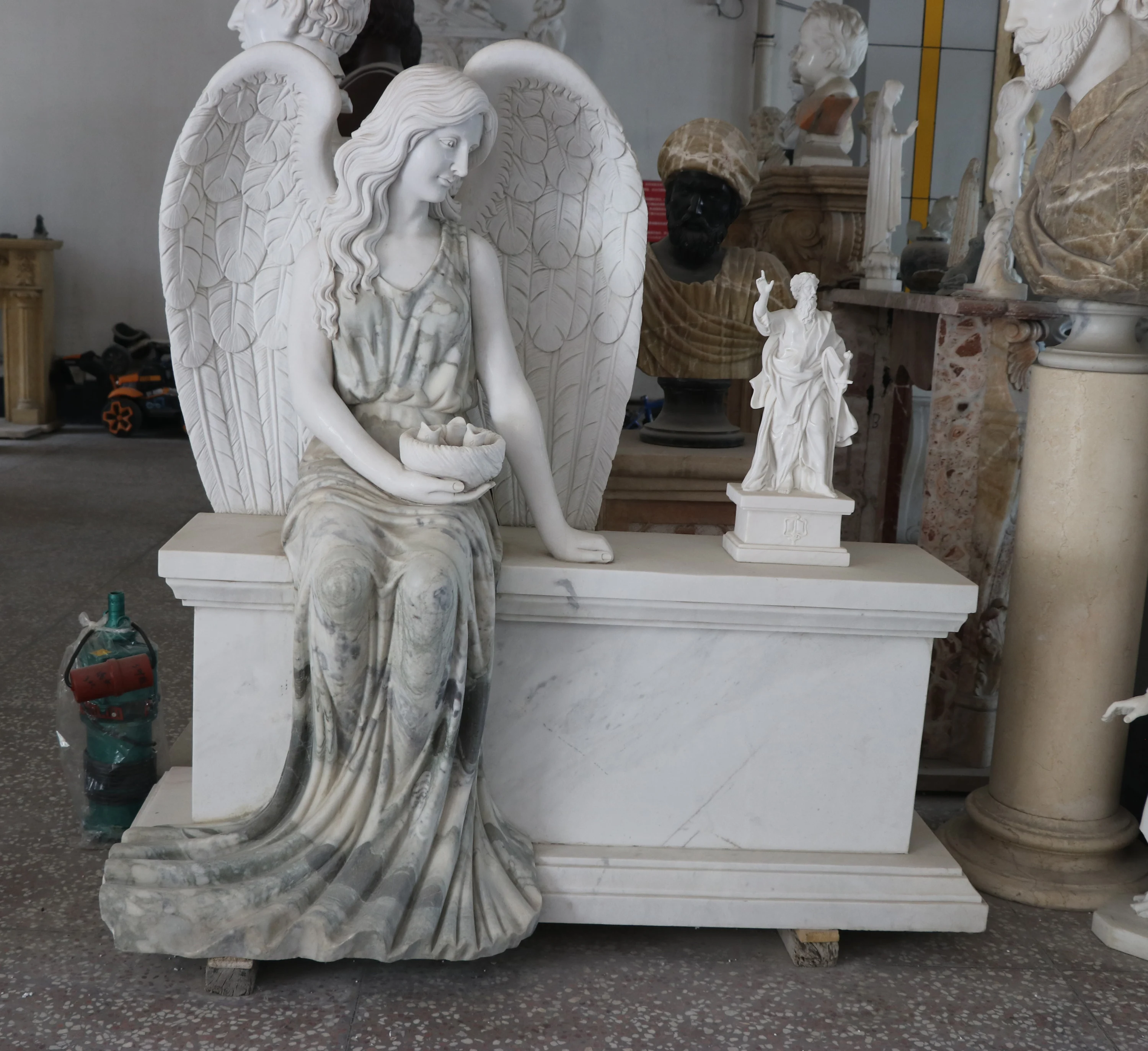 White Stone Sitting Angel Marble Cemetery Headstone Statue Sculpture Tombstone