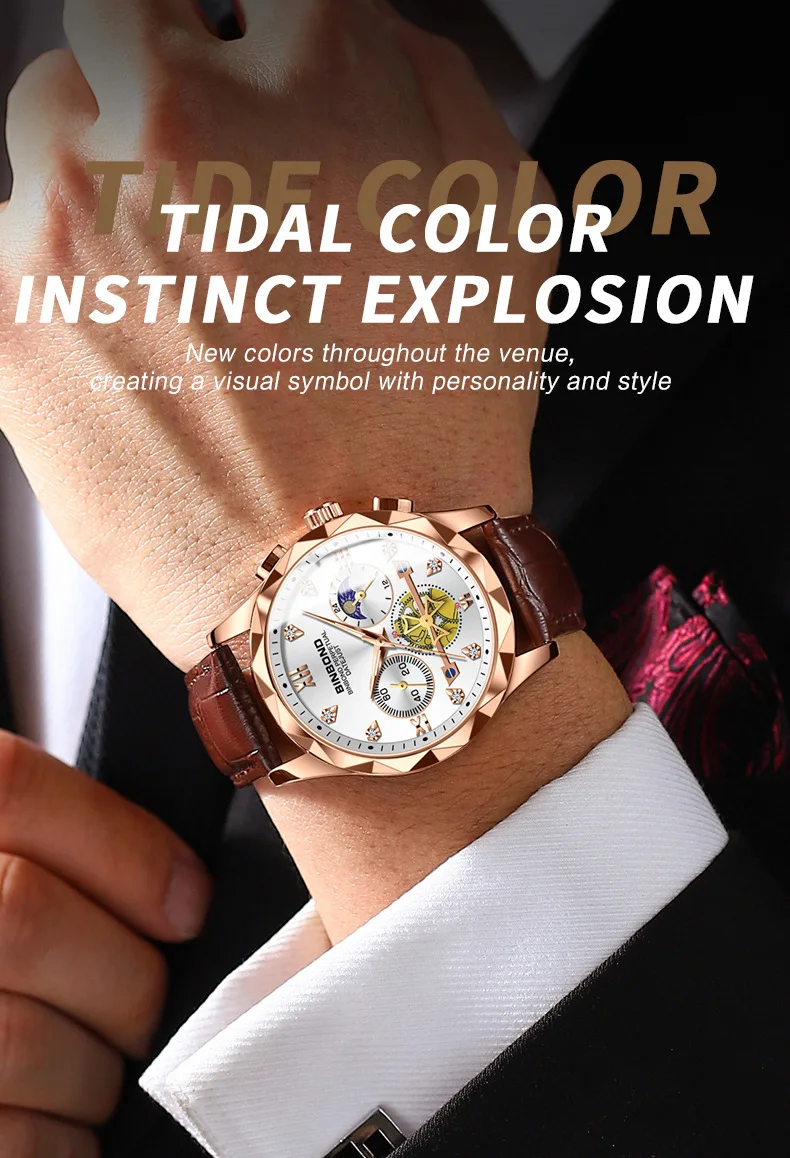 BINBOND B1236 Mens Wristwatches Top Brand Luxury Tourbillon Quartz Watch for Men Sport Leather Strap Waterproof Clock Relogio